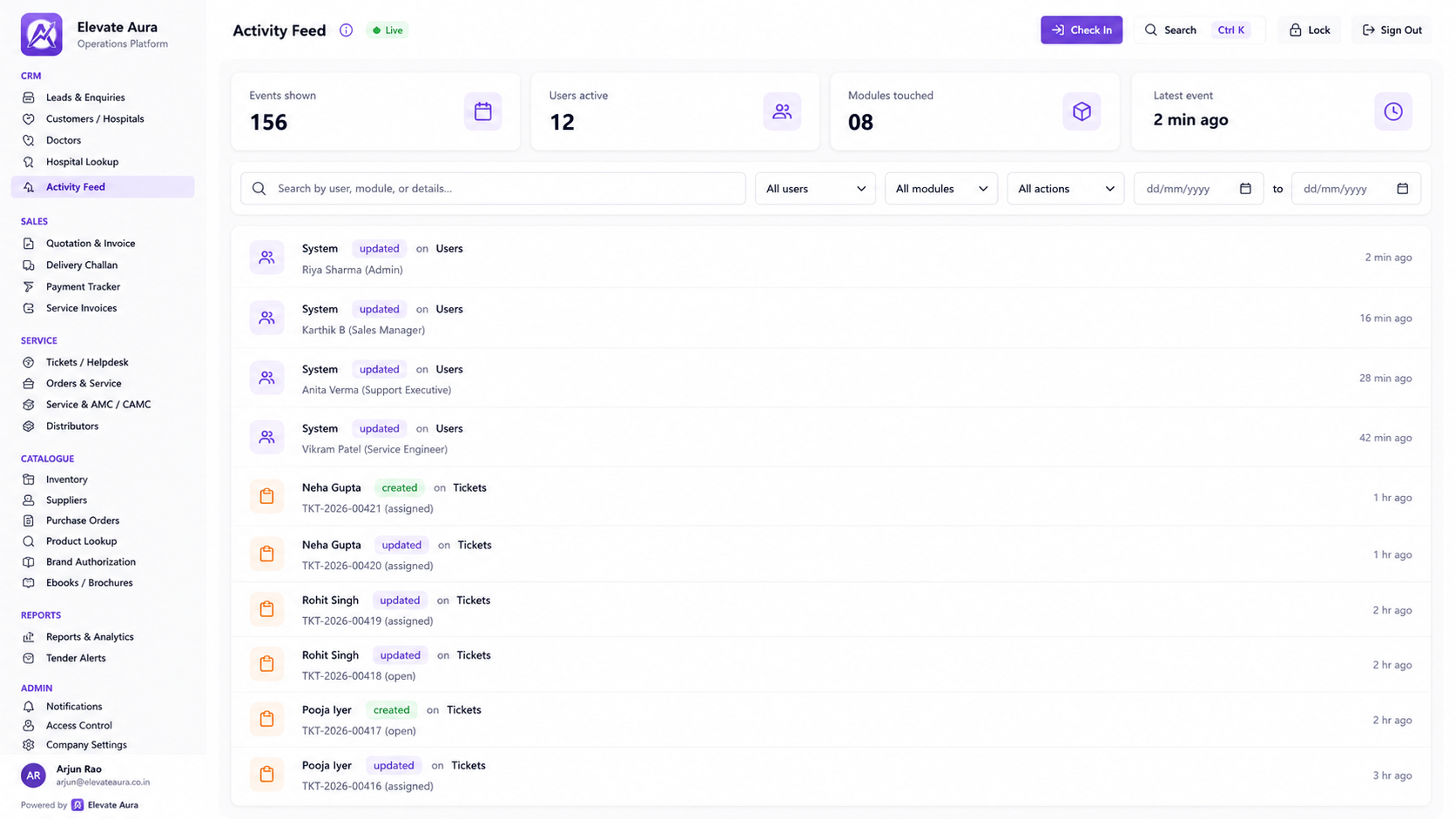 Activity feed audit trail of user actions across modules with timestamps