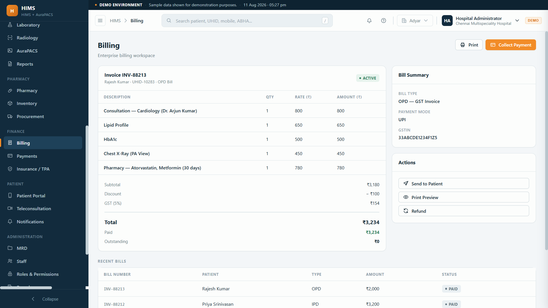 HIMS GST invoice with itemised charges, discount, GST and a bill summary showing TPA and payment mode
