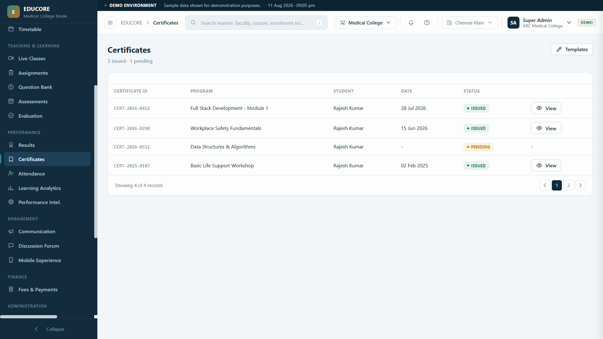 Aura Learn certificates: issued and pending certificates per student with templates
