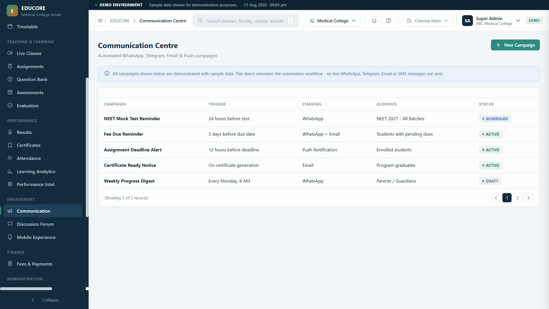 Aura Learn communication centre: automated WhatsApp, Telegram, email and push campaigns