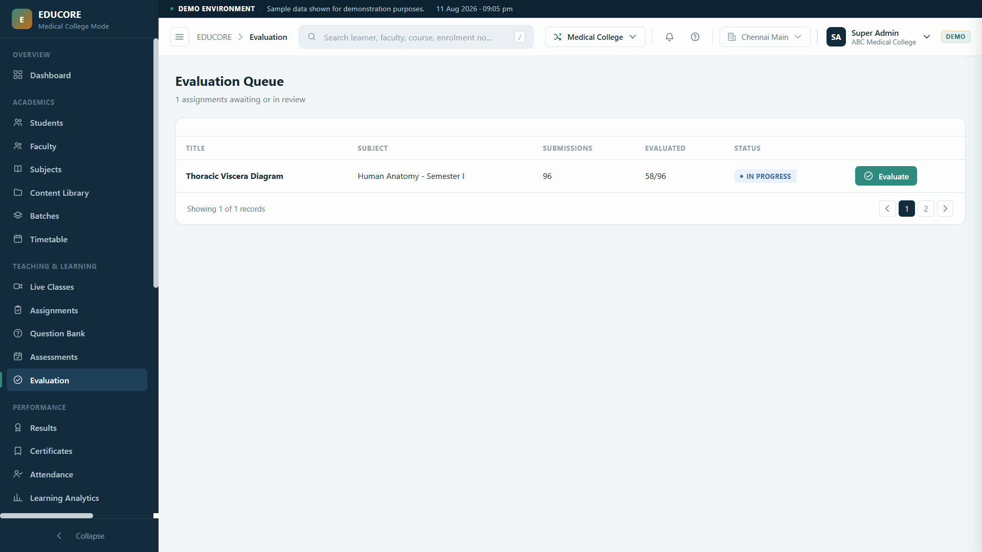 Aura Learn evaluation queue: assignments awaiting review with submissions and progress