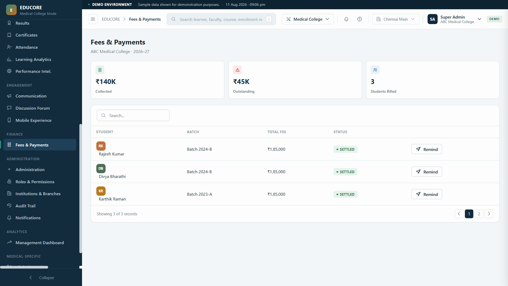 Aura Learn fees and payments: collected, outstanding and per-student fee status