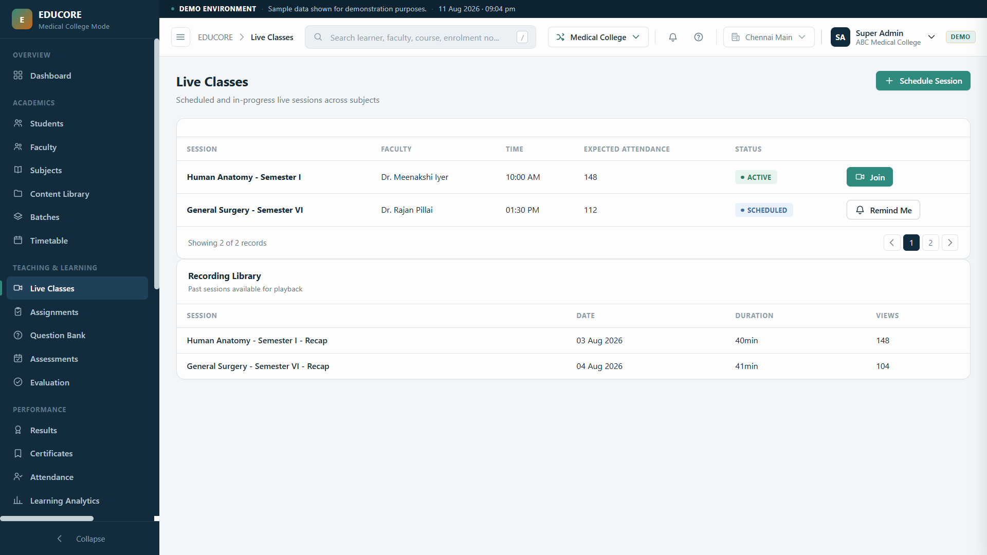 Aura Learn live classes: scheduled and in-progress sessions with a recording library