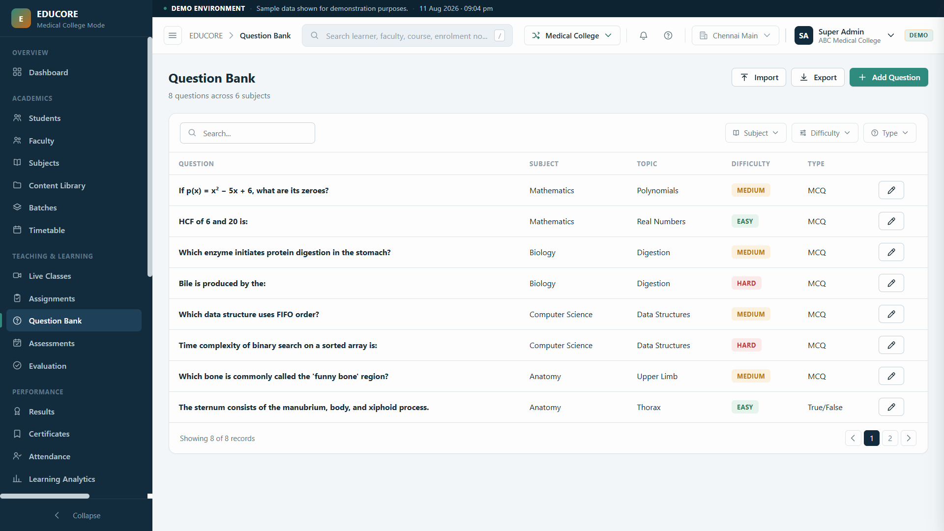 Aura Learn question bank: questions by subject, topic, difficulty and type