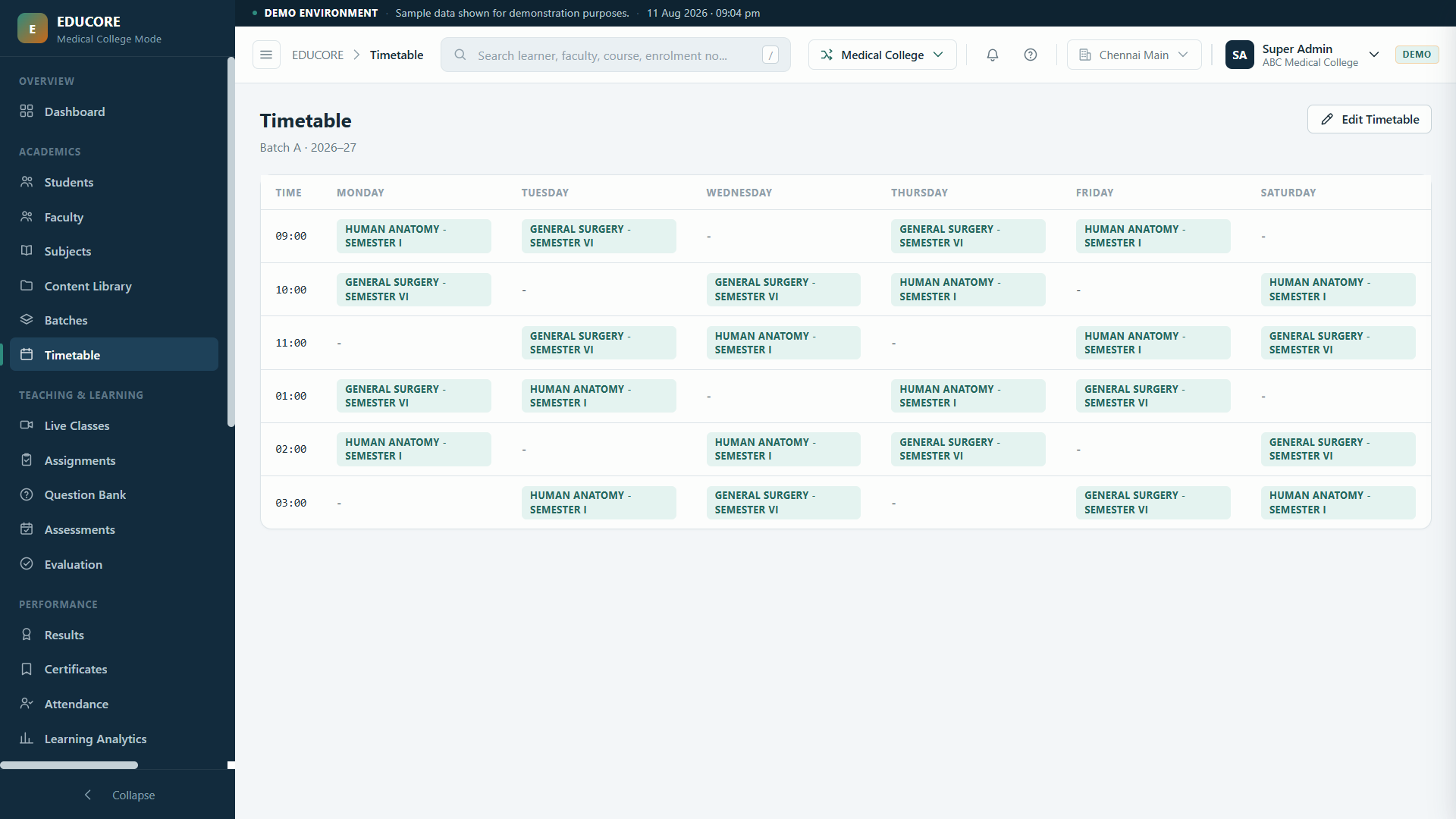 Aura Learn timetable: weekly class schedule by batch across subjects